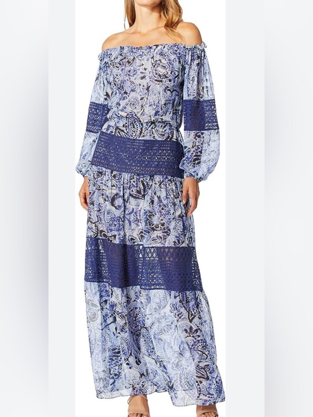 BCBG MAXAZRIA ELLIE BLUE PATTERN LONG SLEEVE BOHO DRESS CROCHET LACE INSET SMALL